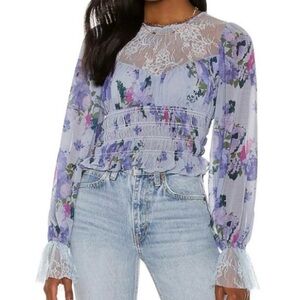 Free People Daphne Lace Smocked Floral Top New